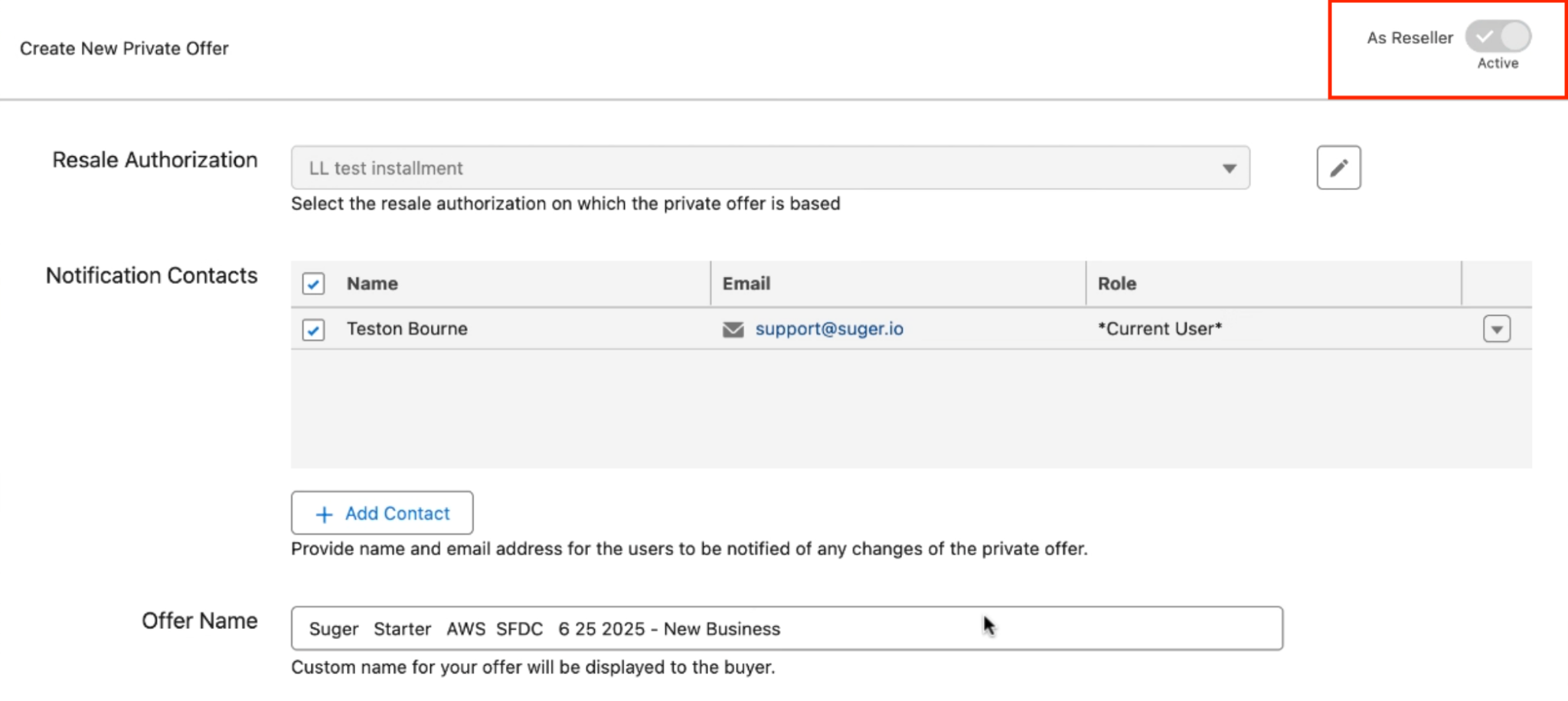 Reseller CPPO management screen in Salesforce — selecting the partner, setting wholesale price, and routing the offer
