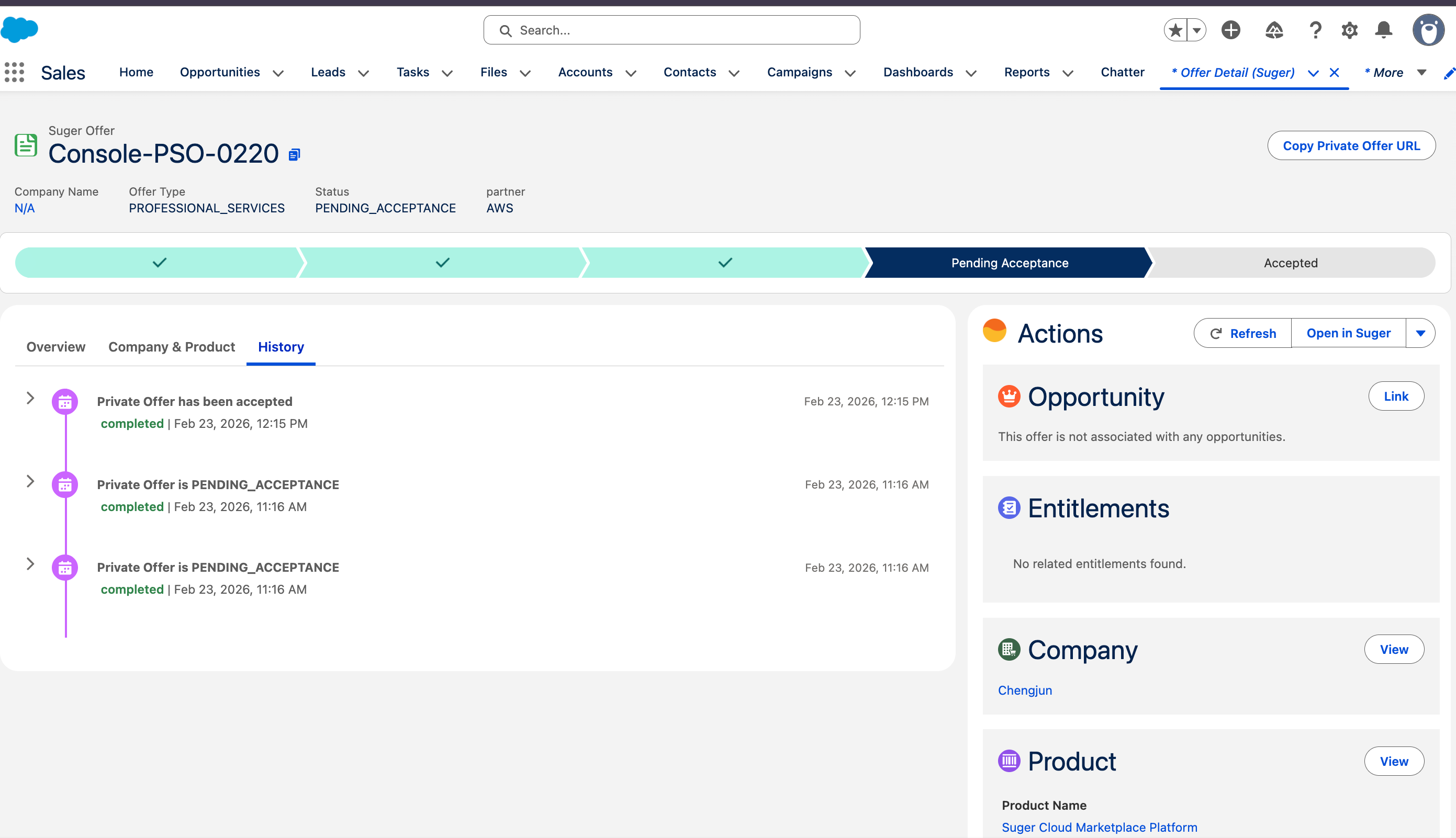 Full offer history timeline in Salesforce — every state change, notification, and action with timestamps and attribution