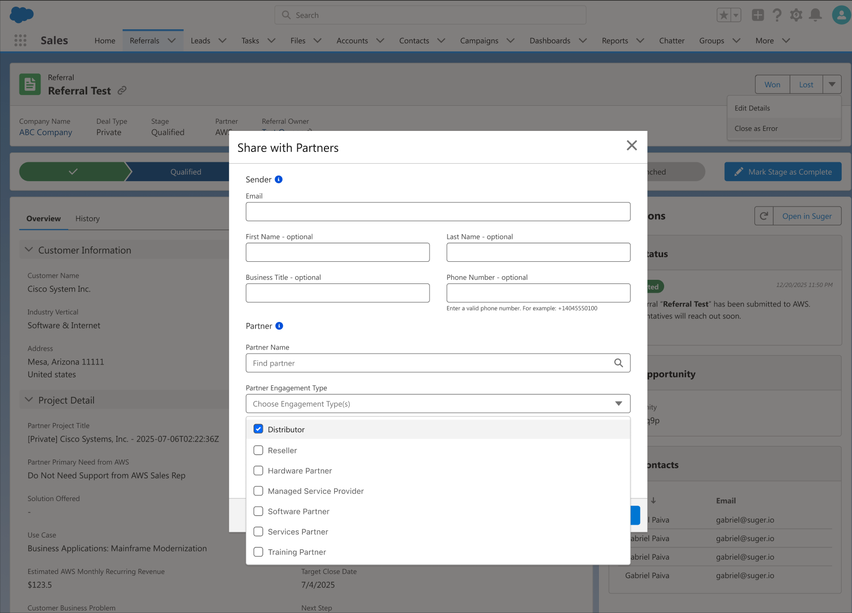 Multi-partner AWS co-sell view in Suger — inviting implementation, resell, and consulting partners into a shared opportunity