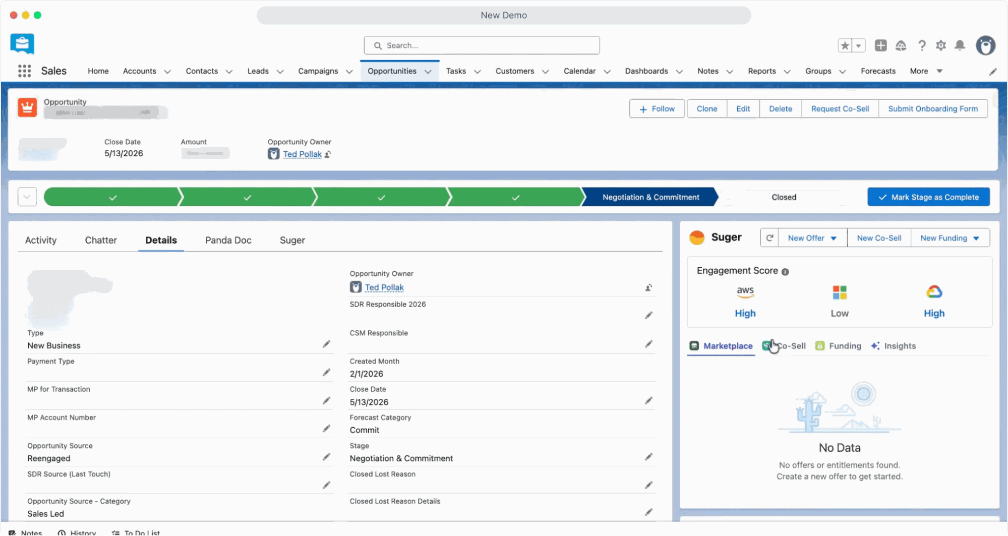 Salesforce opportunity record with the Suger widget showing AWS, Azure, and Google Cloud engagement scores plus Marketplace, Co-Sell, Funding, and Insights tabs for predicted account ownership