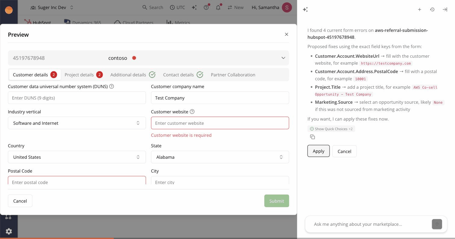Suger Preview dialog for an AWS referral submission, with the Suger AI chat panel listing four proposed field fixes by exact field path, an Apply button below, then the form auto-populating with every tab turning green and the Submit button enabling